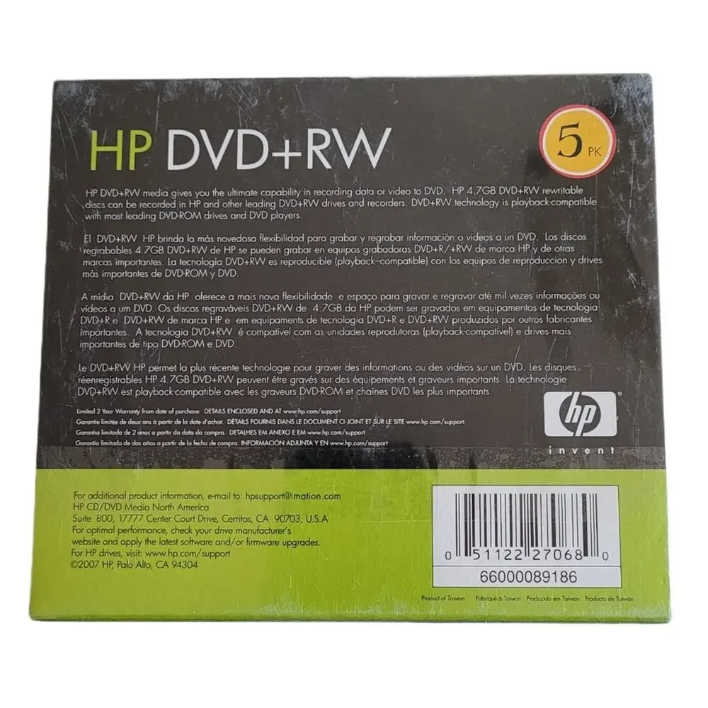 Sealed 5 HP DVD+RW 4x Write and Re-write Video & Data 4.7 GB Data 120 min Video
